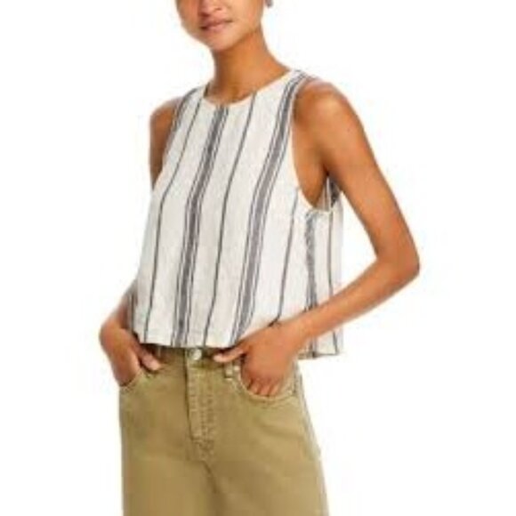 NWT C&C California Striped Linen Tank Top Button Back M Cream Black Stripe Money - Picture 1 of 7